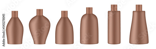 Set of brown cosmetic bottles. Realistic mockup. Korean packaging. Lotion or shower gel. Conditioner or hair mask	