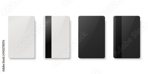 Vector White and Black Gift Card, Certificate, Guest Room, Plastic Hotel Apartment Keycard, ID Card, Sale, Credit Card Design Template for Mockup, Branding. Top View - Front, Back Side, Magnetic Strip
