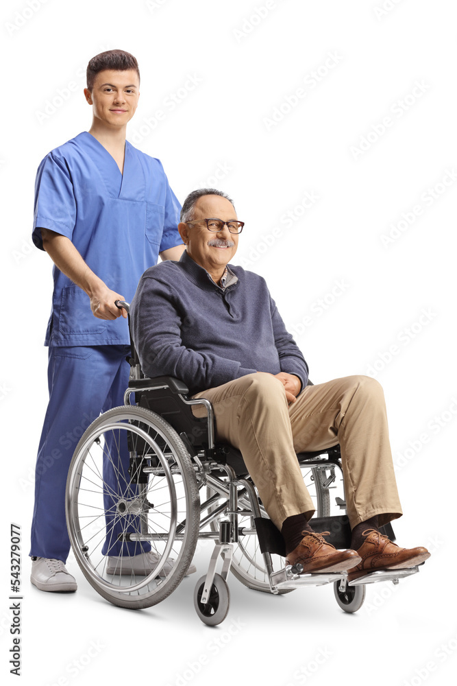 Male healthcare worker standing behind a mature man in a wheelchair Male healthcare worker standing behind a mature man in a wheelchair