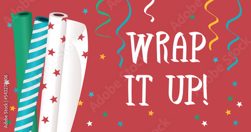 Promotion banner for advertising with wrapping christmas paper, ribbons, stars and lettering wrap it up. Red christmas and new year background