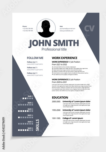 Resume design template minimalist cv. Business layout vector for job applications. A4 size.