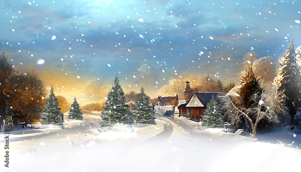  winter landscape wooden cabin and trees under snow countryside 3 d illustration