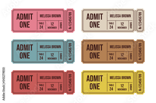 Retro tickets. Vintage cinema ticket concert and festival event, movie theater coupon. Circus show, raffle paper voucher carnival invite or train ticketing vector set