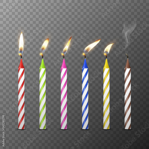 Vector 3d Realistic Paraffin or Wax Burning Birthday Party Candle and Different Flame of a Candle Icon Set Isolated. Design Template, Clipart, Birthday Concept