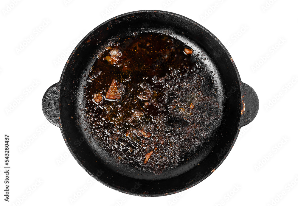  A greasy dutch oven. Dirty frying pan isolated on white. - obrazy, fototapety, plakaty 