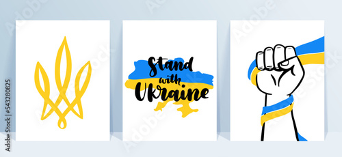 Vector set of posters of Ukraine. Stand with Ukraine, ukrainian trident and hand holding ukrainian flag. War in Ukraine concept.