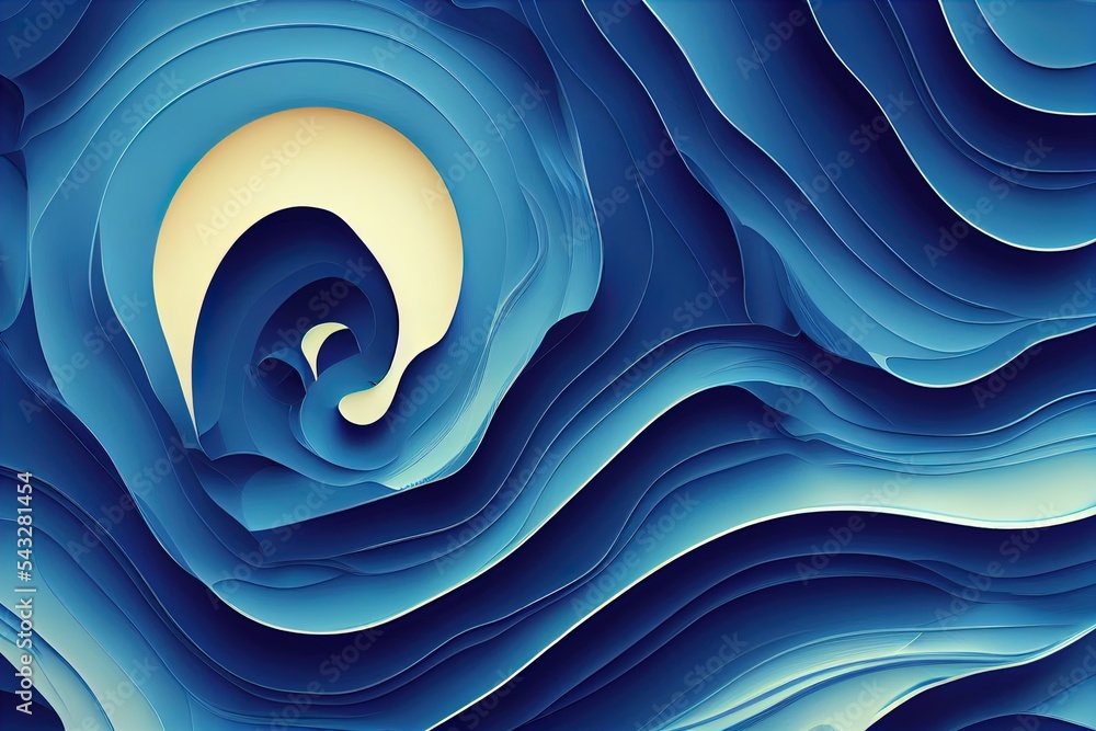 a blue and white abstract background with wavy shapes and a yellow ...