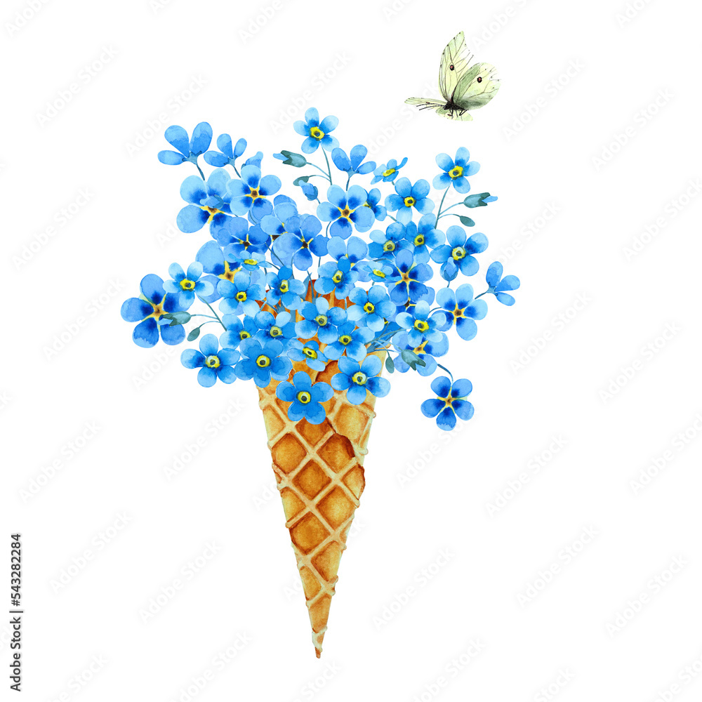 Bouquet of blue forget-me-not flowers in waffle cone and flying yellow lemongrass butterfly isolated on white background. Hand drawn watercolor. Bouquet of blue forget-me-not flowers in waffle cone and flying yellow lemongrass butterfly isolated on white background. Hand drawn watercolor.