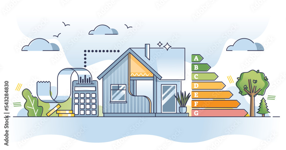 SAP calculations as standard assessment procedure for home outline diagram. Building efficiency measurement with certification level for ecology and sustainable emission control vector illustration.