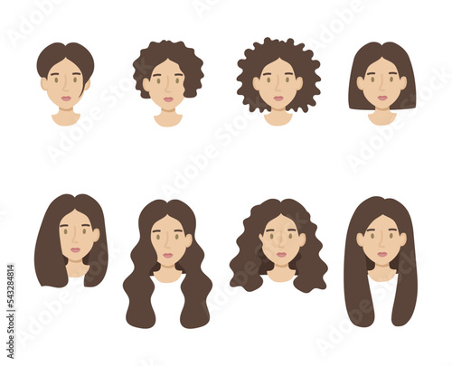 Set girls faces flat. Friendly young woman with dark hair hairstyles different lengths. Hand drawn vector illustration.