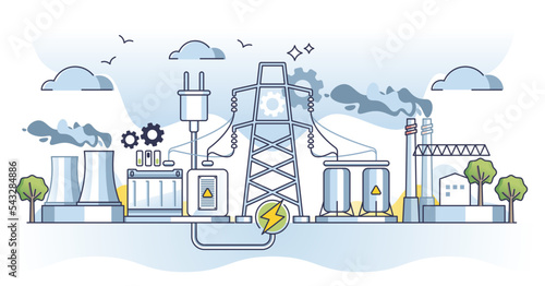 Electricity industry and voltage power generation facility outline concept. Energy supply from natural fossil gas, thermal and nuclear station vector illustration. Transformer towers engineering. photo