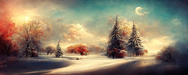 Fotobehang Cappuccinokleur illustration of a winter christmas scene landscape for a banner or wallpaper  © ReiterPhotography