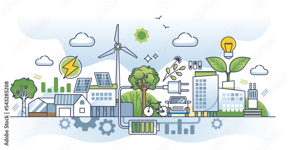 Sustainable urban community with green distributed energy outline concept. Ecological clean and environmental city with smart electricity, lightning and iot infrastructure usage vector illustration. - obrazy, fototapety, plakaty 