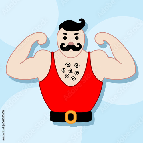 Cartoon circus athlete strongman for kids and children. Hand drawn vector illustration on blue background. Circus collection. Design element. Template for design, books, stickers, cards.