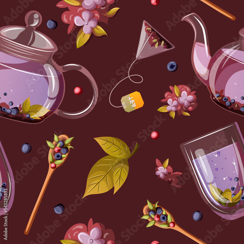 Vector seamless pattern. Illustration of transparent glass teapots kettles and cups mugs with blueberry tea lemonade. Tea leaves,spoons,tea bags,berries isolated on dark background.