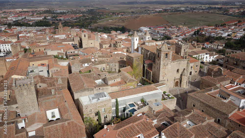 Aerial drone view of Cáceres, Spain. Old Town.  Unesco World Heritage. Historic visits. Holidays and vacation tourism. Sightseeing. Best destinations in the world. Most visited places.