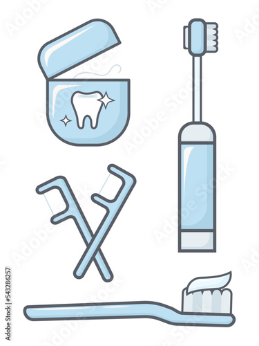 A set of items for dental health care, essential items. Toothbrush, dental floss, set of hygiene accessories. Personal hygiene care concept. Vector flat illustration