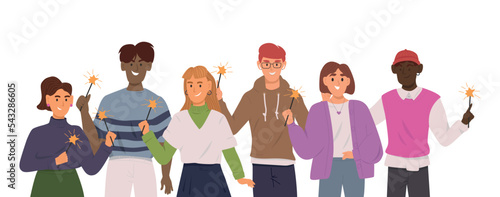 Group of young different people holding burning sparklers on white background. Friends celebrate New Year. Happy men and women on Christmas corporate party. Vector illustration in flat cartoon style