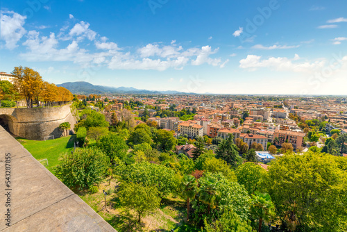 View from the hillside walkway to the Porta San Giacomo, one of the four Venetian gates of the Citta Alta medieval town atop the walled city of Bergamo, Italy.