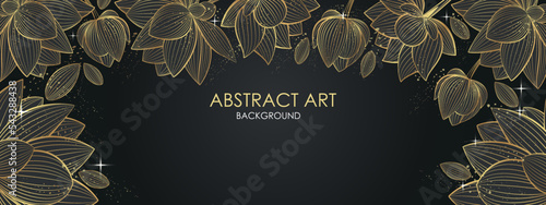 Vector poster with golden flowers and lotus leaves on a black background. Line art style.	