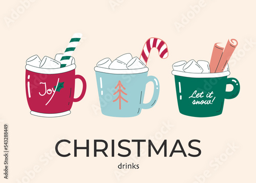 Set of Christmas drinks in a cute cup with marshmallow