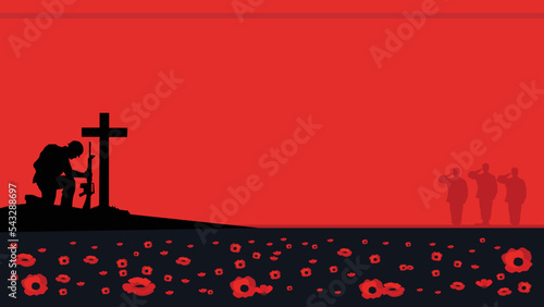 November Memorial Day Illustration Background with soldier silhouette and flower field with Copy Space Area ( Peringatan Hari Pahlawan Nasional ) - 2