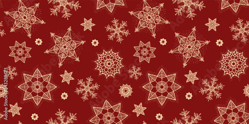 Whimsical red and gold Christmas snowflake pattern. Boho snow vector illustration perfect for Christmas card decor or any celebration design materials.