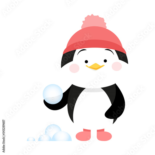 Cute penguin in a hat with a snowball in his hands