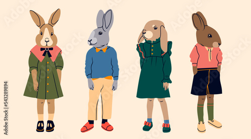 Various anthropomorphic Rabbits. Hand drawn Vector illustration. Cute cartoon creatures standing. Fashion animal characters. Different stylish clothes. Every bunny is isolated. New year symbol