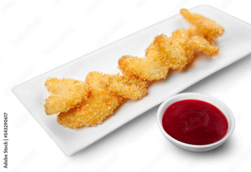 Fry chicken Meat with red sauce on white plate isolated on white background Fry chicken Meat with red sauce on white plate isolated on white background