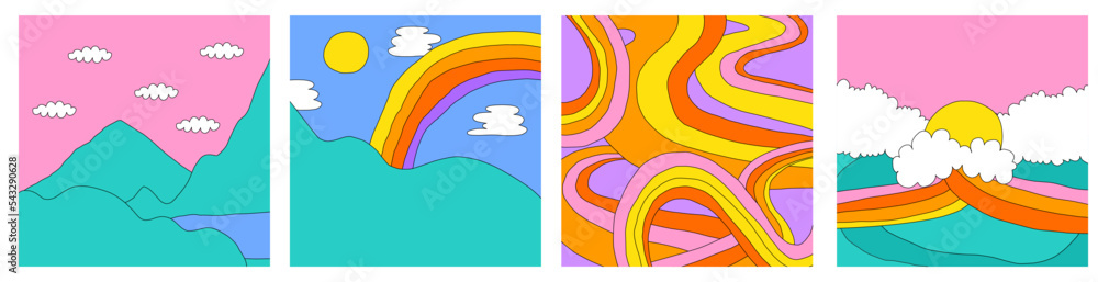 Obraz premium set of 1970 psychedelic square social media templates. Groove landscape posters. Editable layered frame for photo and text. Hippie nature - clouds, rainbow, mountains. y2k background. 90s aesthetic