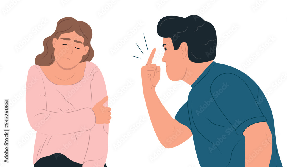 Fototapeta premium Misunderstanding of conflicts between people. A man scolds a woman, a woman is in a tearful state. Flat vector illustration