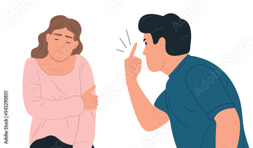 Misunderstanding of conflicts between people. A man scolds a woman, a woman is in a tearful state. Flat vector illustration