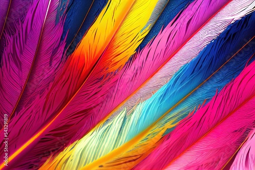 Obraz na plátně a close up of a colorful feather with many colors of feathers on it's side and a black background