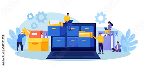 Document archiving and storage. Business people search files in archives. Support service, database. Men working with information, documents and statistics in analytical department. Folder in archive