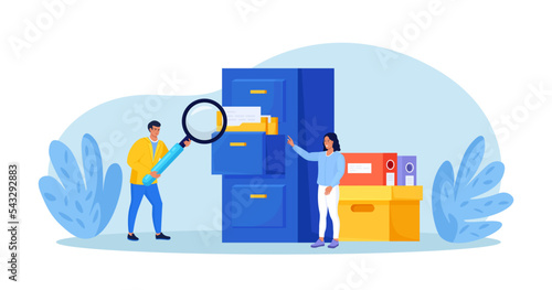 Document archiving and storage. Business people search files in archives. Support service, database. Men working with information, documents and statistics in analytical department. Folder in archive
