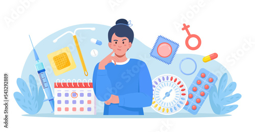 Woman thinking about suitable method of female contraception. Protection against sexually transmitted diseases, pregnancy. Birth control methods. Oral hormonal contraceptives, condoms. Sexual health