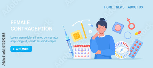 Woman thinking about suitable method of female contraception. Protection against sexually transmitted diseases, pregnancy. Birth control methods. Oral hormonal contraceptives, condoms. Sexual health