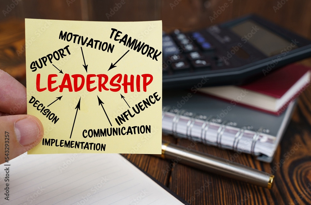 In the hands of a man is a sticker with the inscription - Leadership ...
