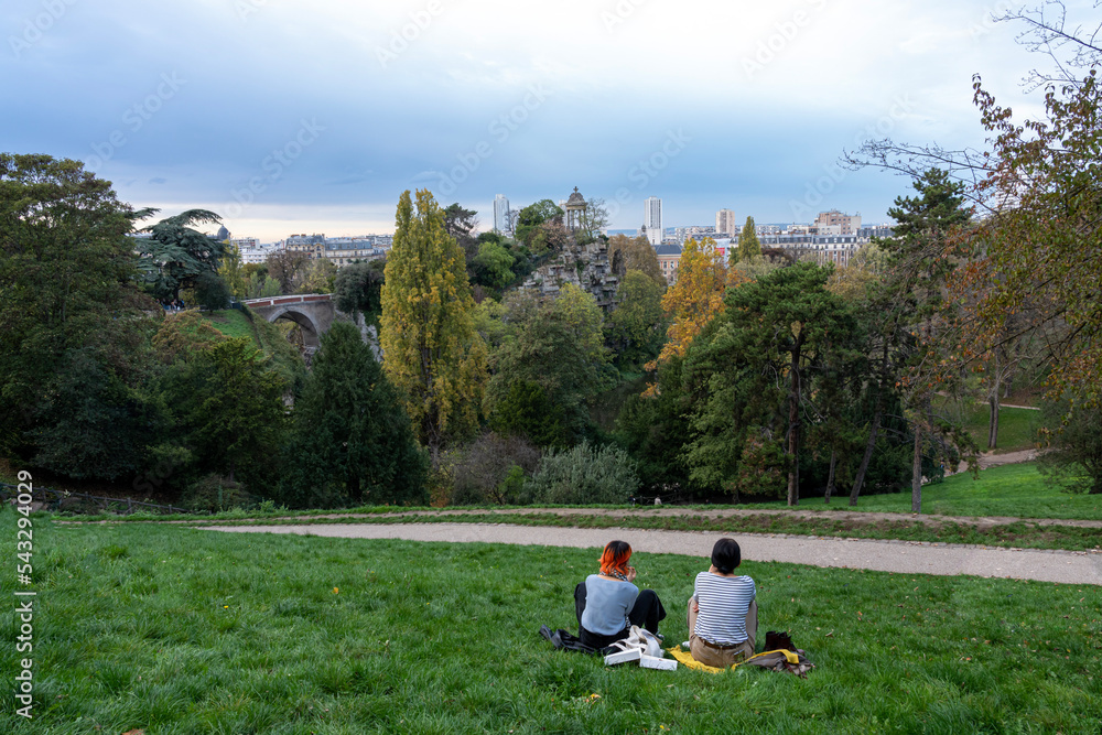 Paris, France - 10 30 2022: Park des Buttes Chaumont. View of the Temple of the Sibyl in the belvedere Island