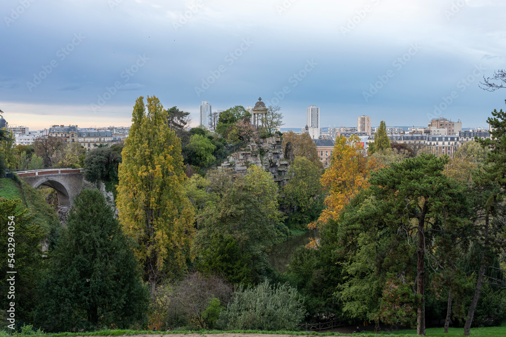Paris, France - 10 30 2022: Park des Buttes Chaumont. View of the Temple of the Sibyl in the belvedere Island
