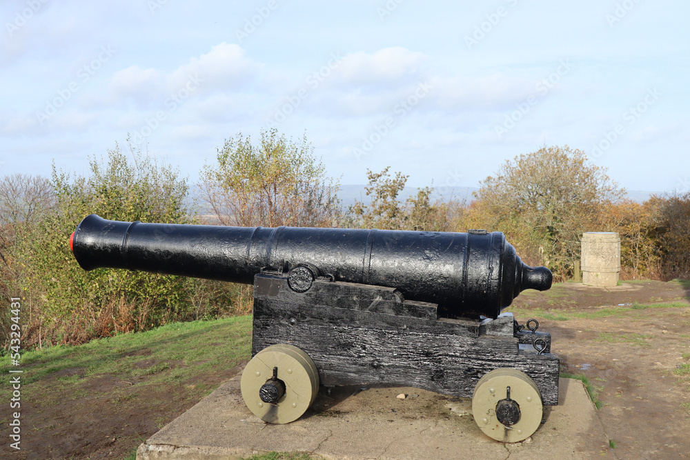 A cannon at the foot of the Wellington Monument in Somerset.It is located on the Blackdown hills between Wellington and Taunton. It is the tallest three-sided obelisk in the world.