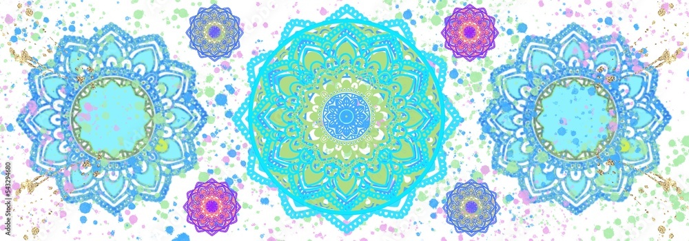 Mandala pattern with watercolour splashes, flower. Celebration, Ramadan, yoga template.