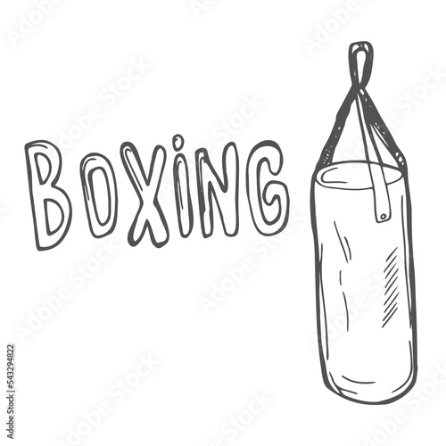 Boxing lettering with punching bag, phrase in doodle style. Box concept