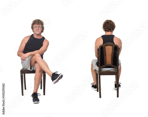 back and front view of same man with sportswear sitting on chair on white background.