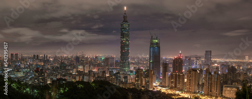 Taipei  Taiwan. Night Panorama. Skyline. Cityscape. Taipei 101 Taipei World Financial Center in Background.