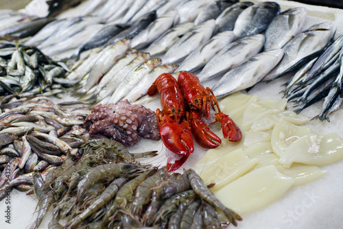 Fresh fish on the market stall photo