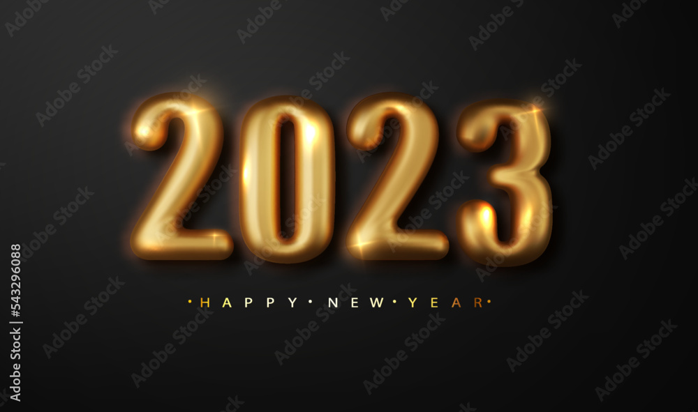 Happy New Year 2023. Realistic golden numbers on black background. Greeting card Happy New Year 2023. Realistic golden numbers on black background. Greeting card