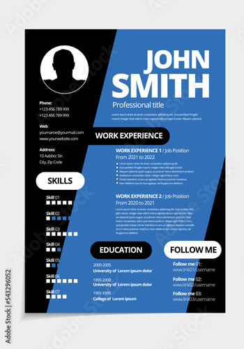 Resume design template minimalist cv. Business layout vector for job applications. A4 size.