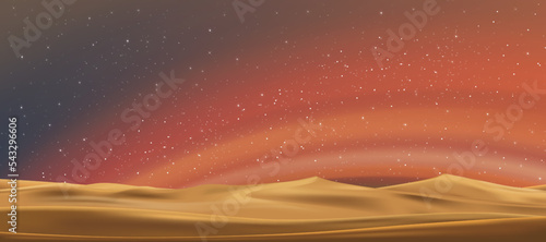 Milky Way and Orange light on desert sand dunes,Night colourful landscape with Starry sky,Beautiful Universe with Space background of galaxy.Vector banner Star field in night sky for travel background